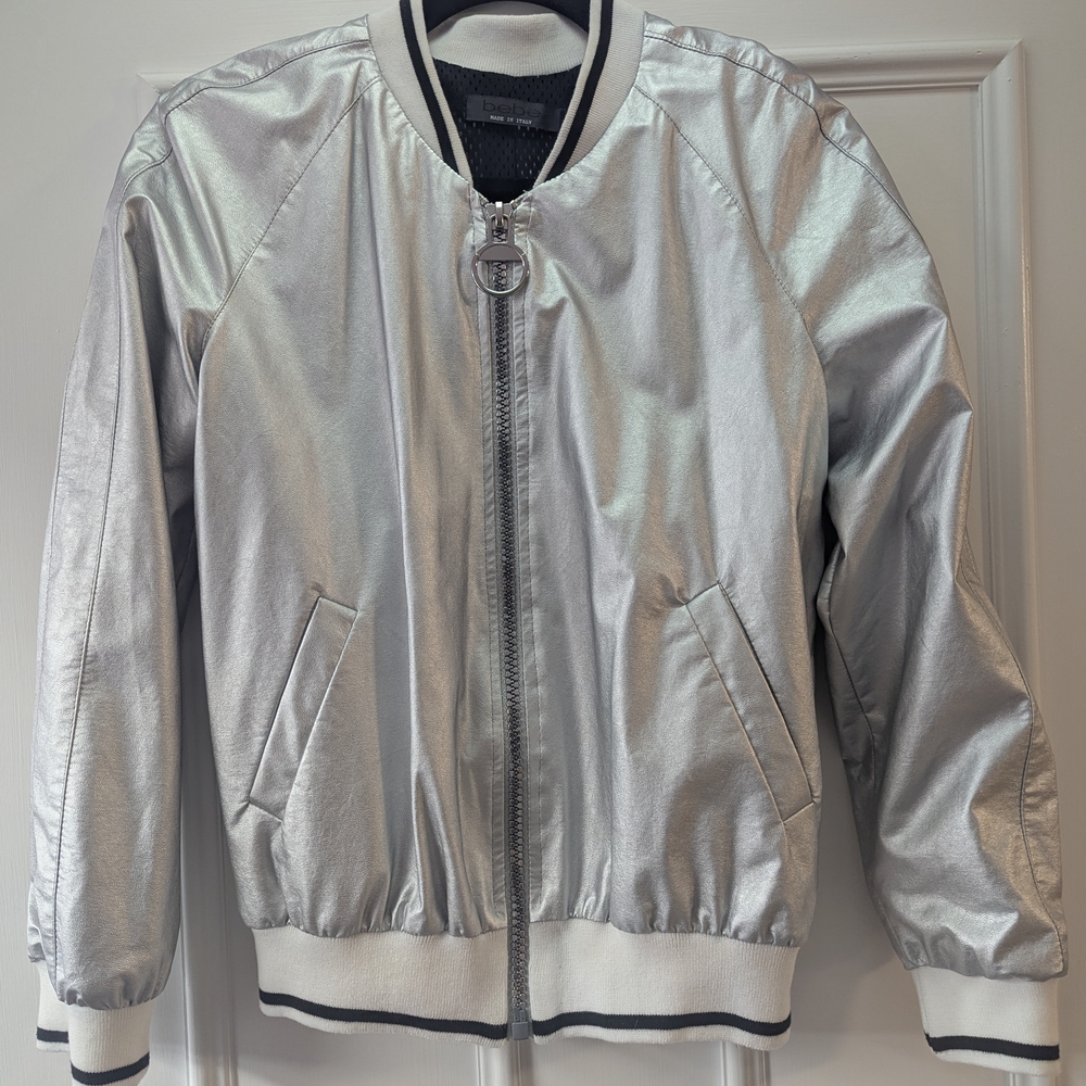Bebe Women Silver Bomber Jacket